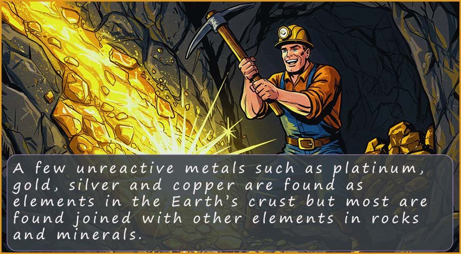 Info graphic explaining that only unreactive metals such as platinum, gold, silver and copper are found as elements in the Erath's crust, most metals are found as compounds in rocks.