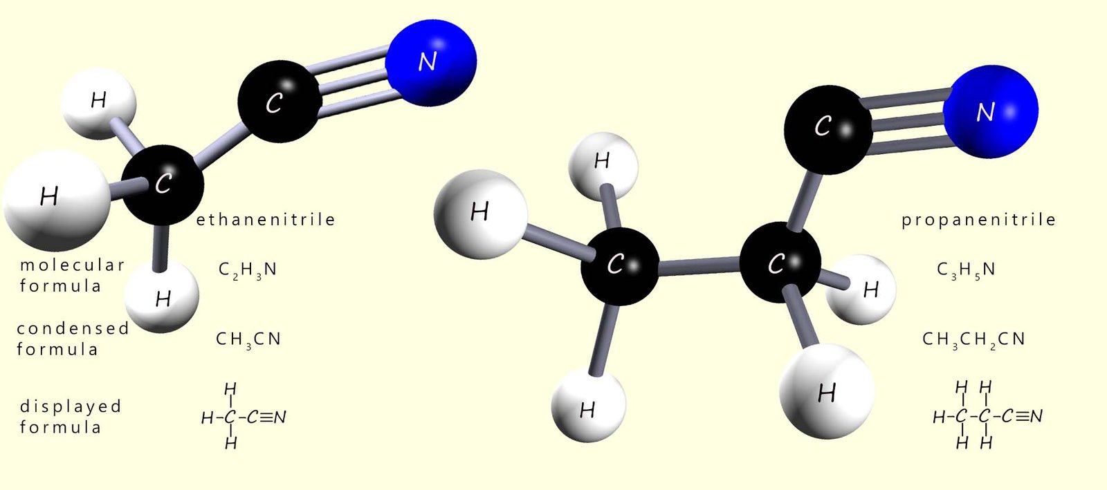 3d models, displayed formula and molecular formula of ethanenitrile and propanenitrile.