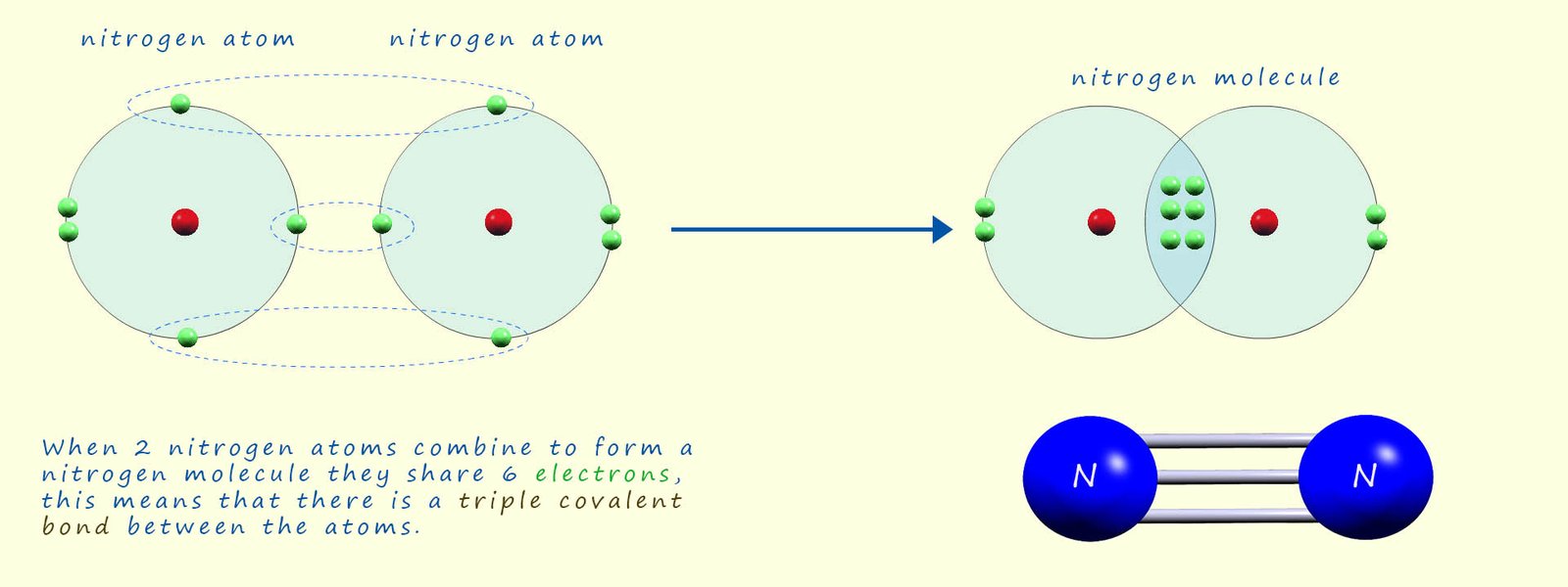 Image showing how two nitrogen atoms combine to form a nitrogen molecule containing a triple covalent bond.