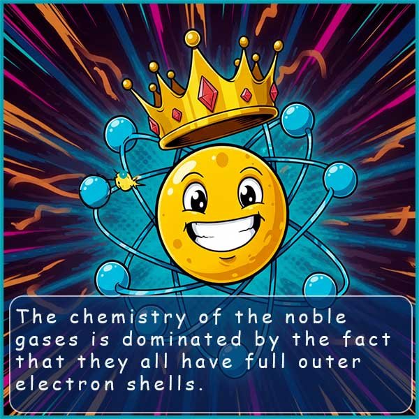 Noble gases all have full outer electron shells, noble gas atom wearing a crown.