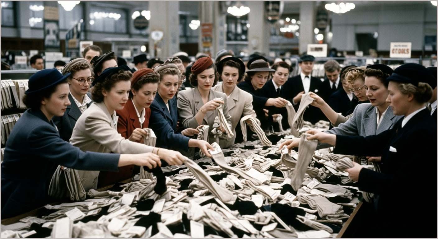Crowds buying nylon stockings, 1946.