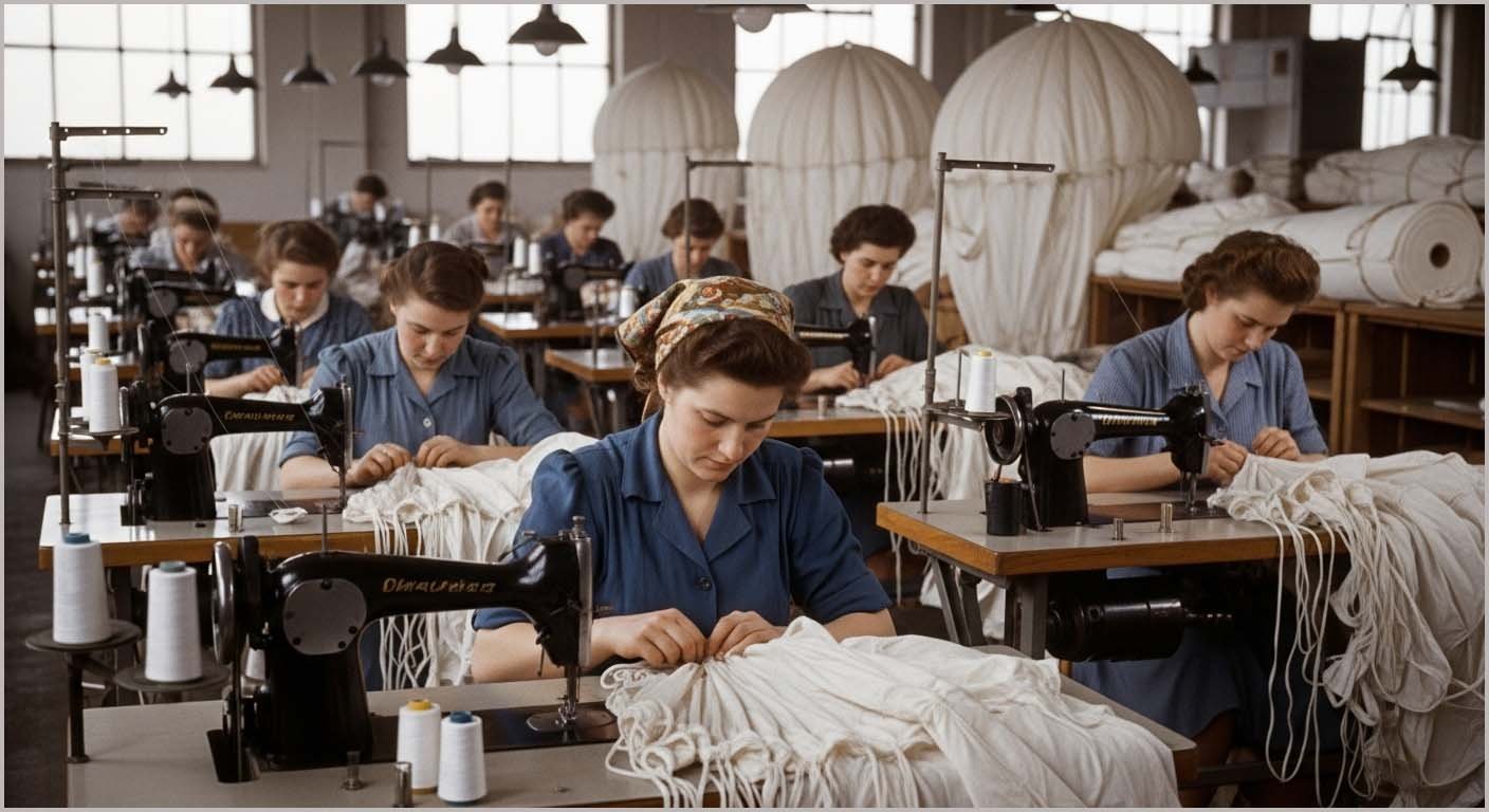Women sewing nylon parachutes in WWII.
