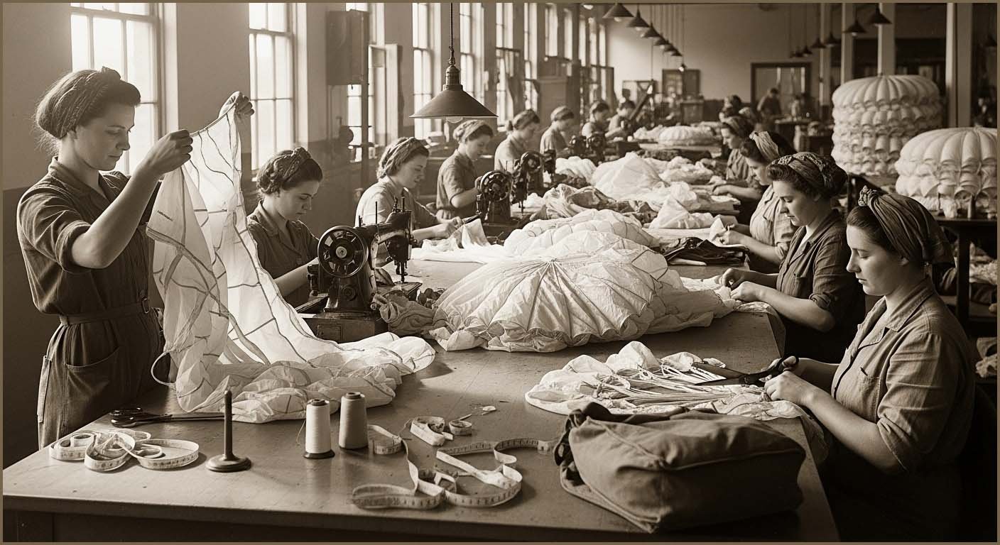 Parachute production lines in wartime.