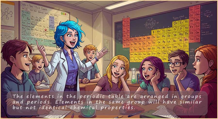 Teacher giving a class of students a lesson on the periodic table.