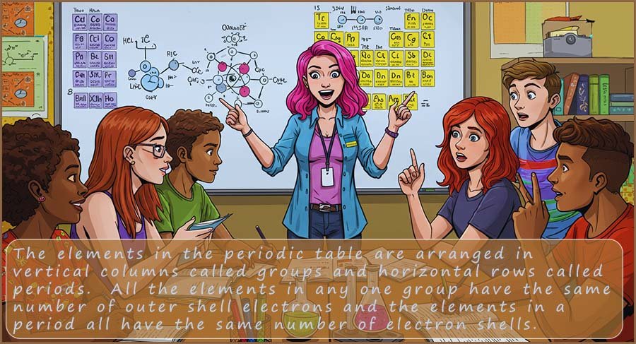 Image explains that the elements in the periodic table are arranged in rows and groups.