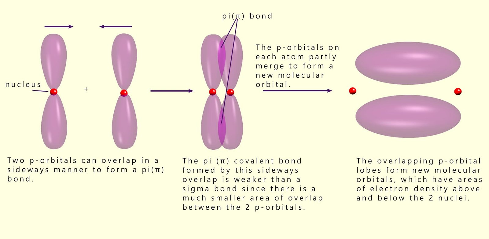 3d models to explain how pi bonds are formed in alkenes by the partial overlap of p-orbitals to form new molecular orbitals with lobes of electron density above and below the plane of the carbon atoms.