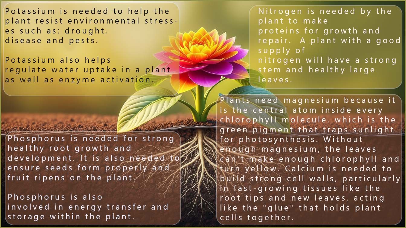 Image shows why plants need the minerals nitrogen, phosphorus, potassium, magnesiun and calcium.