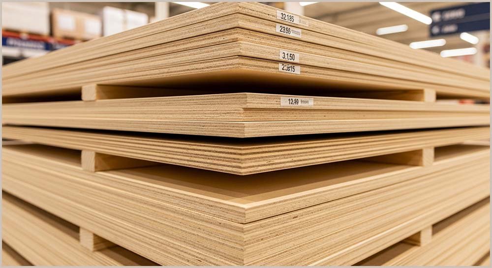 Layers of wood glued together to make plywood