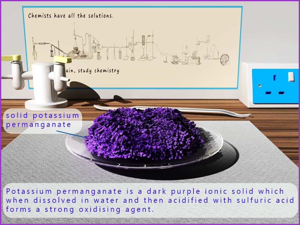 Solid potassium permanganate is a shiny dull purple coloured solid.