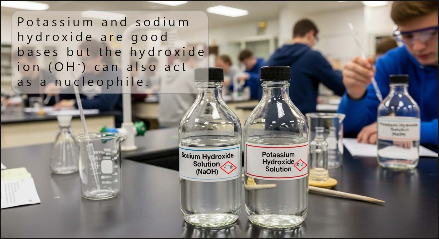Sodium and potassium hydroxide solutions in a lab with an explanation about hydroxide ion acting as a nucleophile.