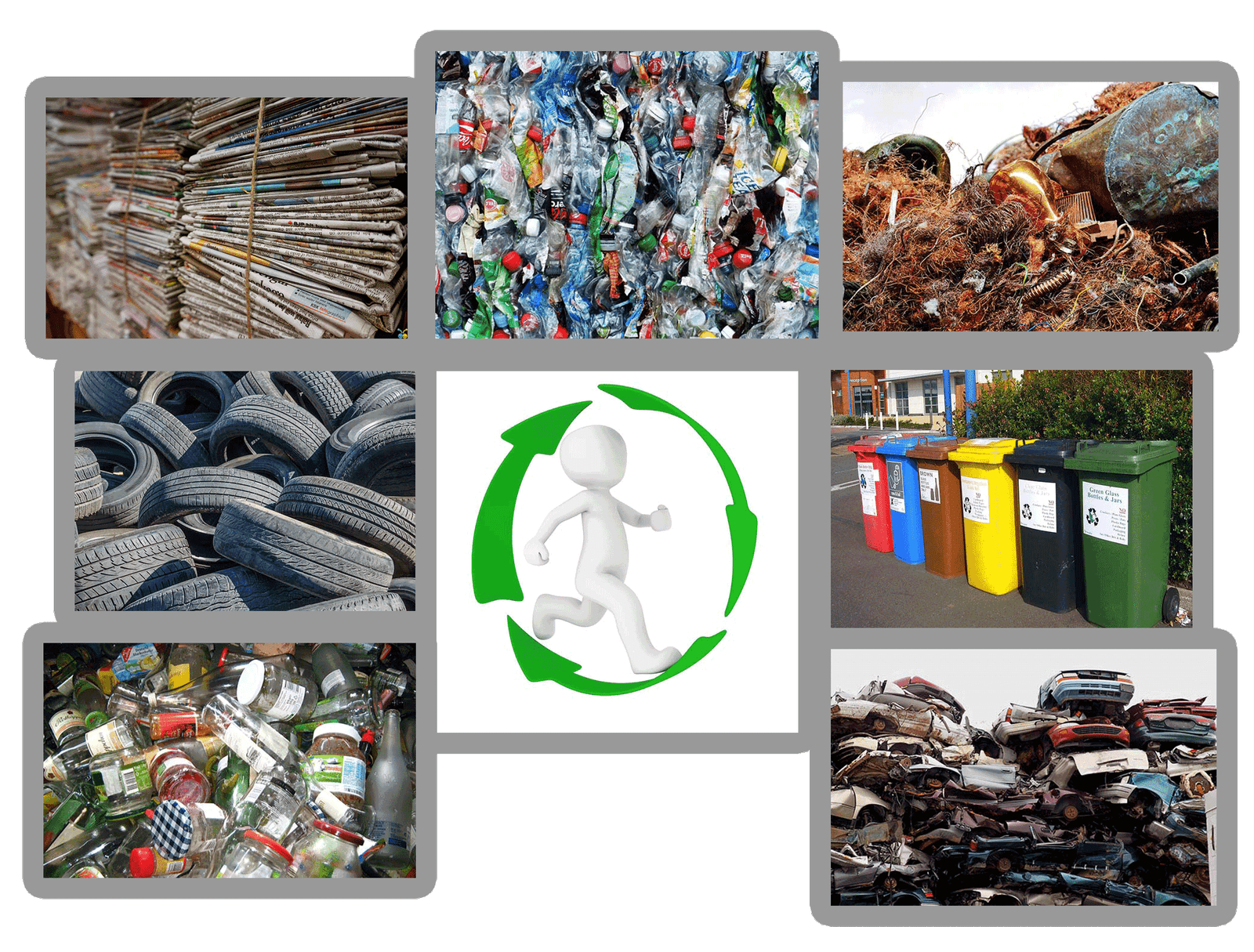 A montage to show items which can be recycled include glass, paper, cardboard, plastic, tyres.