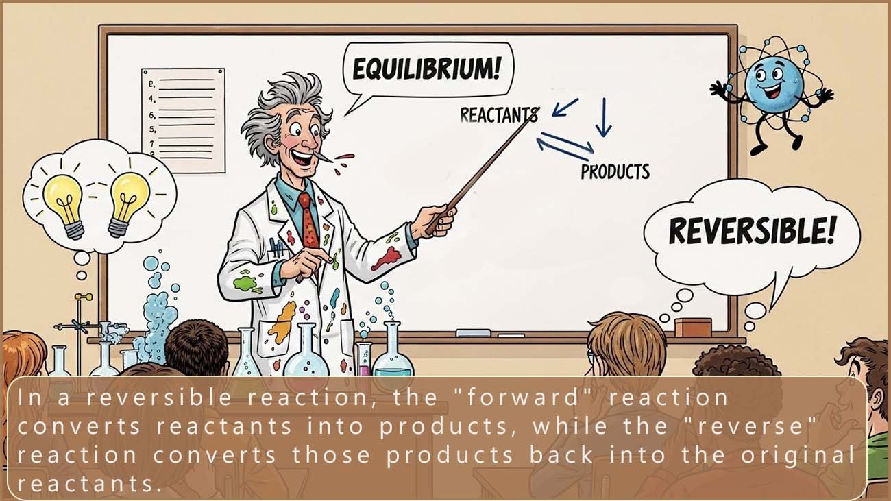 Cartoon style image of showing a chemistry teacher giving a lesson on reversible reactions.