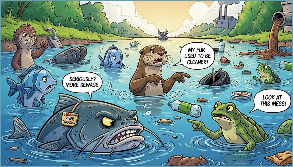 Cartoon style image showing river animals complaining about the levels of pollution.