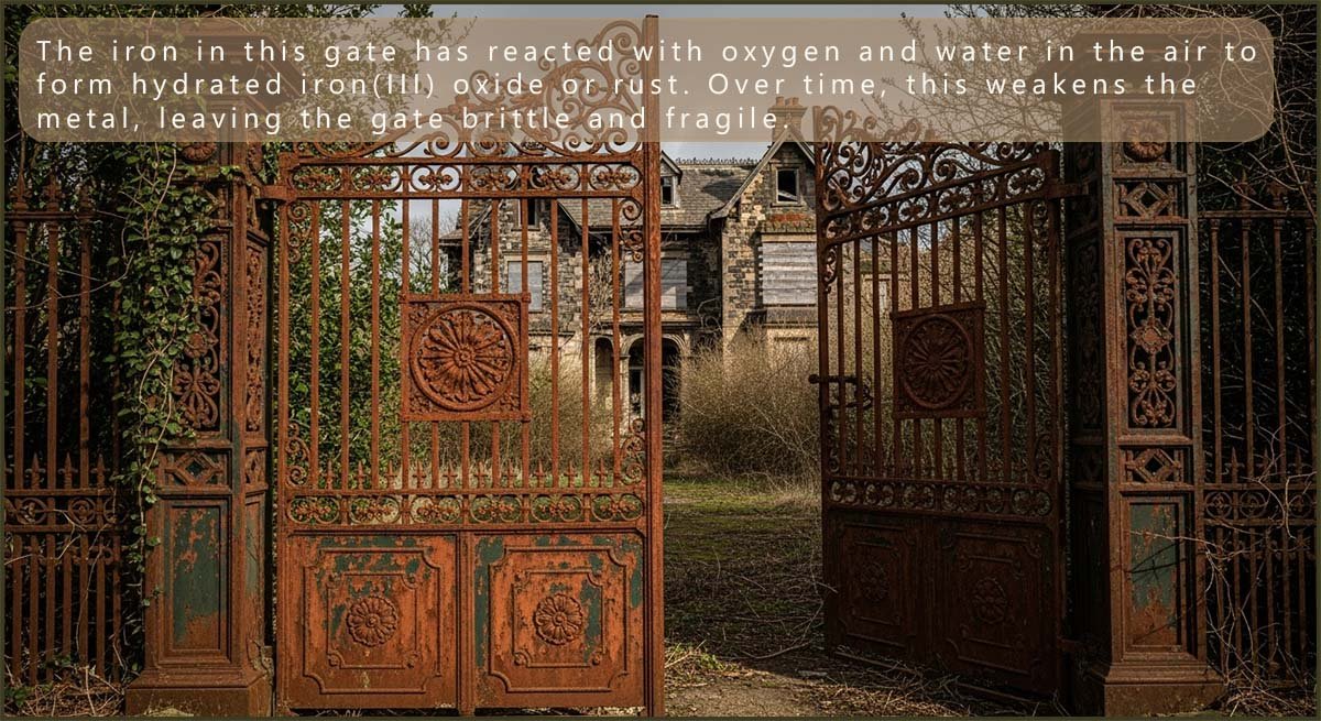 A rusty gate outside a derelict house.