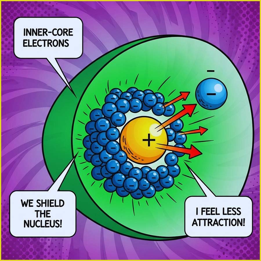 Comic style image to show shielding of the outer valence electrons by the inner core electrons