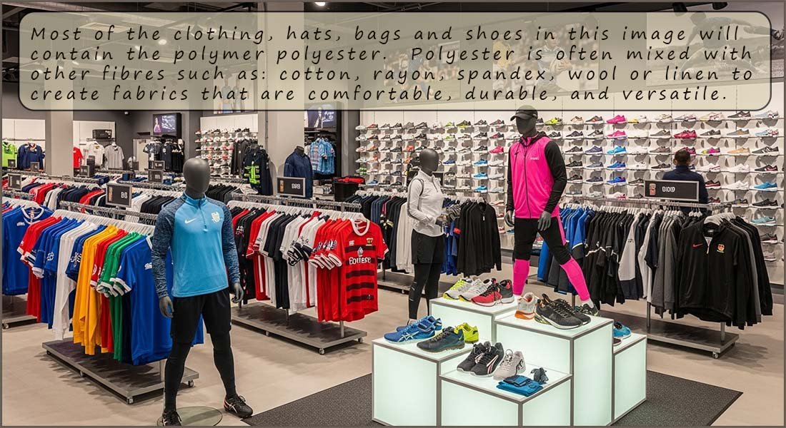 Image showing a display of clothing, bags and hats made from polyester