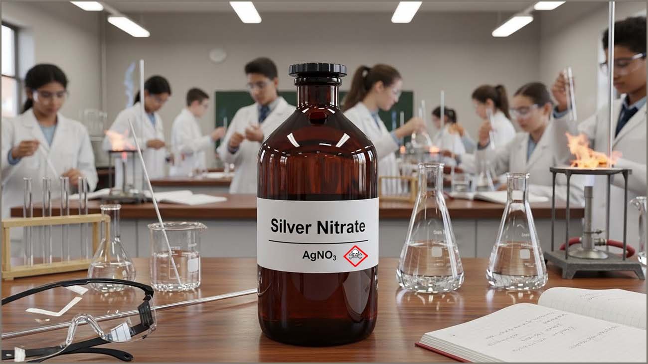Silver nitrate solutions are commonly stored in dark bottles to reduce light exposure.