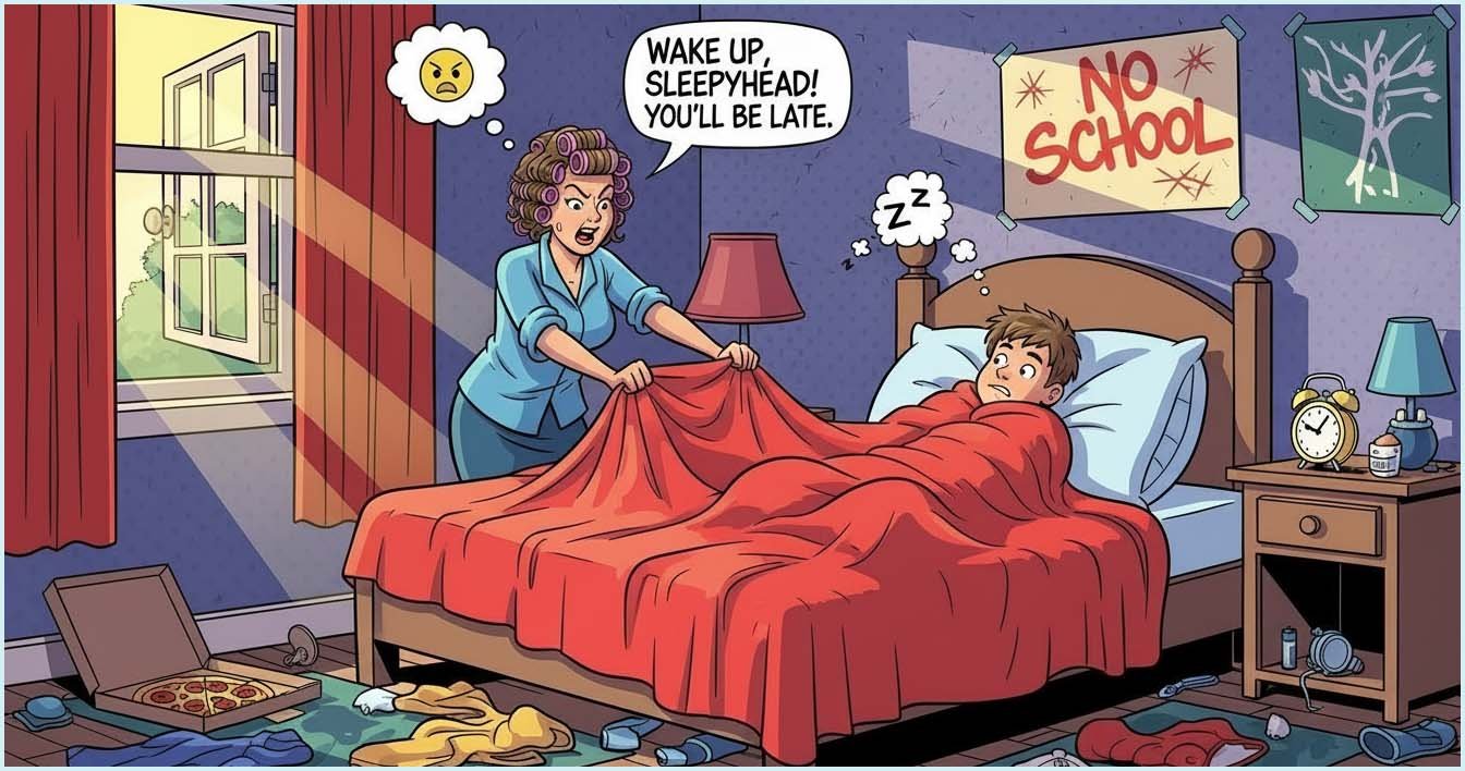 A frustrated mum trying to get her out of bed on time to go to school