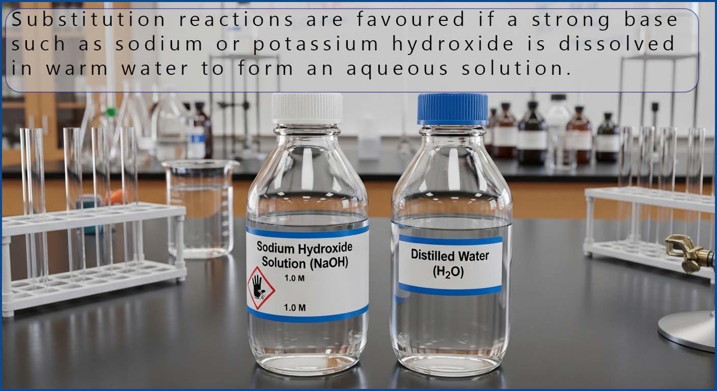 Sodium hydroxide and a bottle of distilled water, aqueous solutions of bases favours nucleophilic substitution reactions.