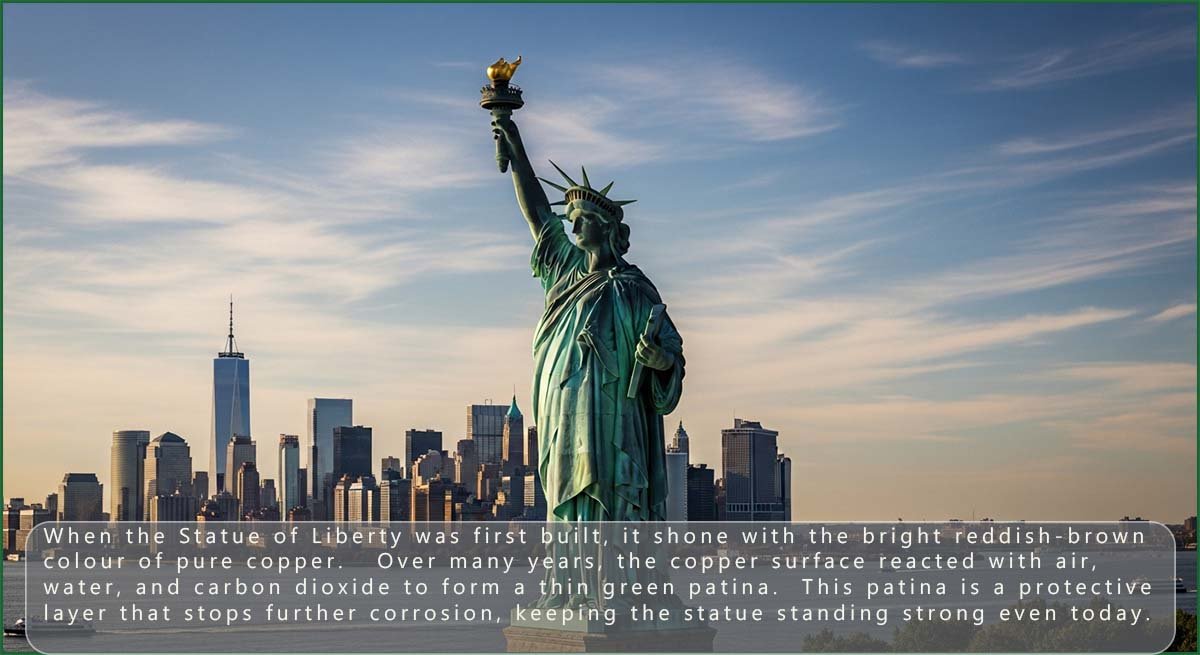 The Statue of Liberty covered in a green copper patina.