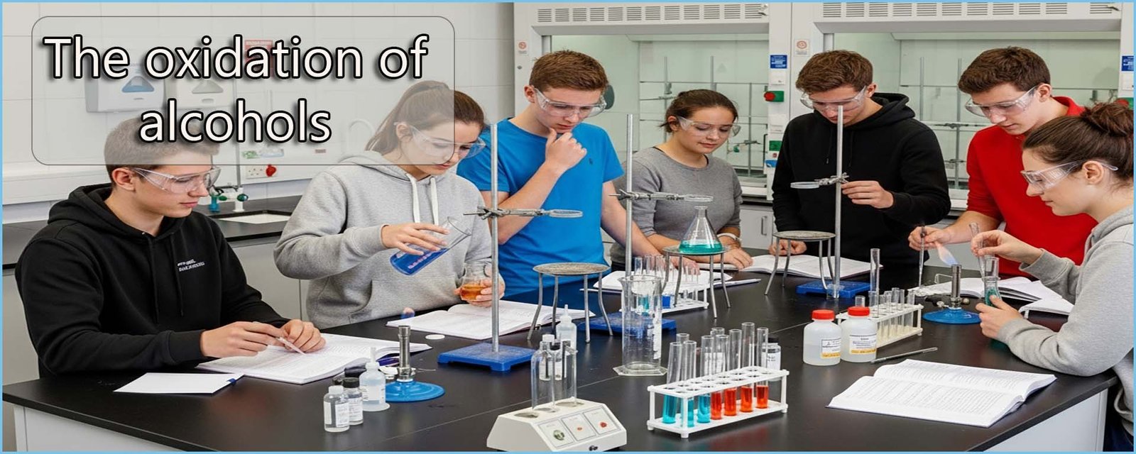 Alcohols page header image, students working in the lab