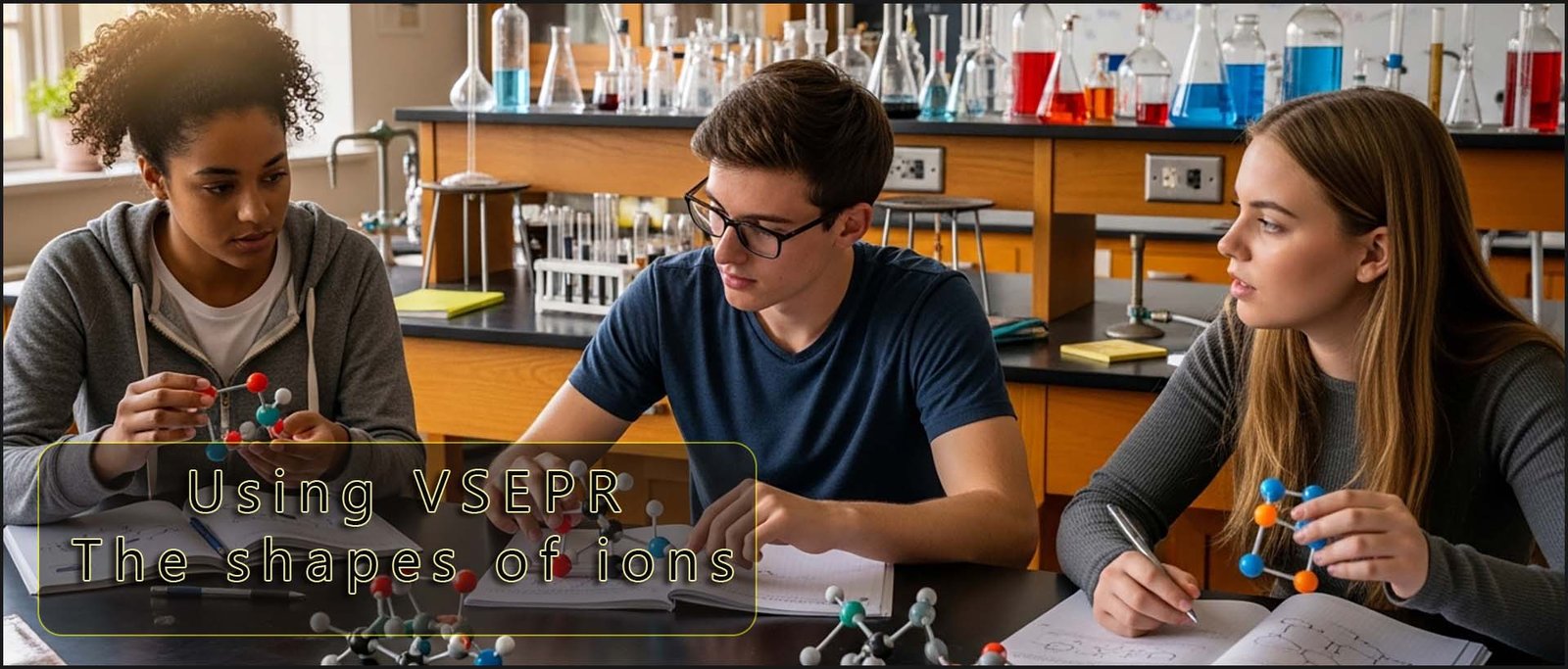 Students building models of molecules - shapes of ions header image.