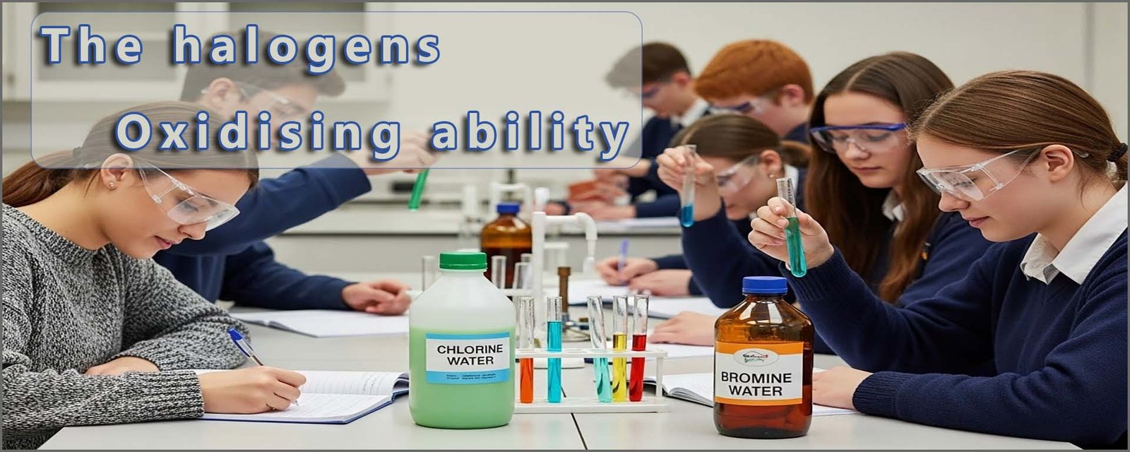 The halogens oxidising ability header image. Students working in the lab