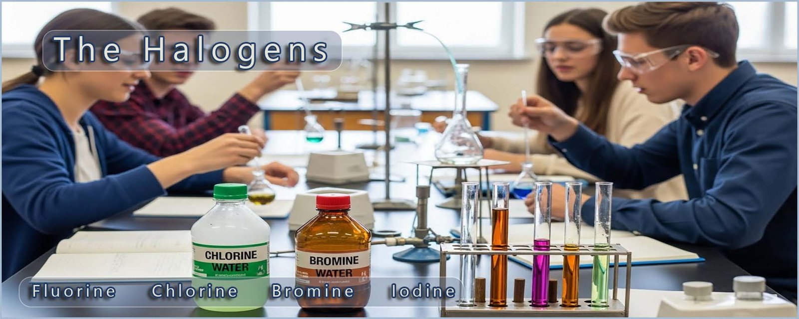 The halogens header image- students reacting chlorine and bromine water in chemical reactions.