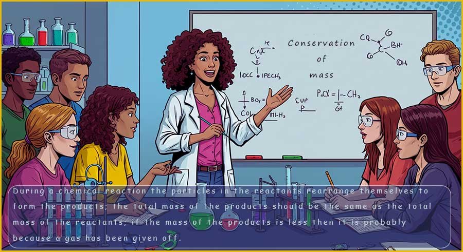 Teacher giving a lesson to her class on the Law of conservation of mass.