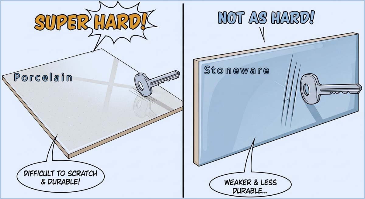 Comparsion of the hardness of stoneware and porcelain tiles.