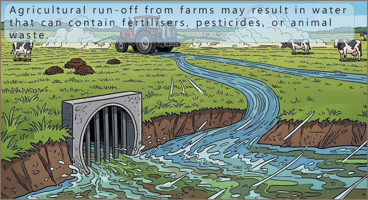 Run-off from farms likely contains water contaminated by pesticides, fertilisers, herbicides and animal wastes.