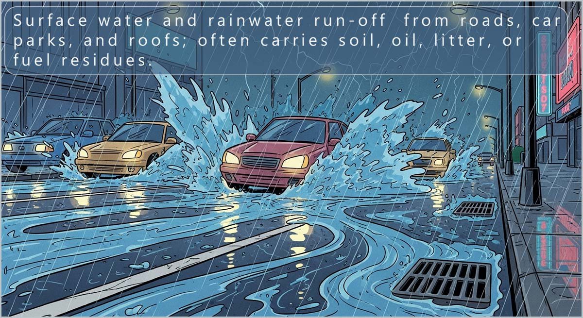 Run-off from streets and roads may contain soil, twigs, oils and fuel residues.