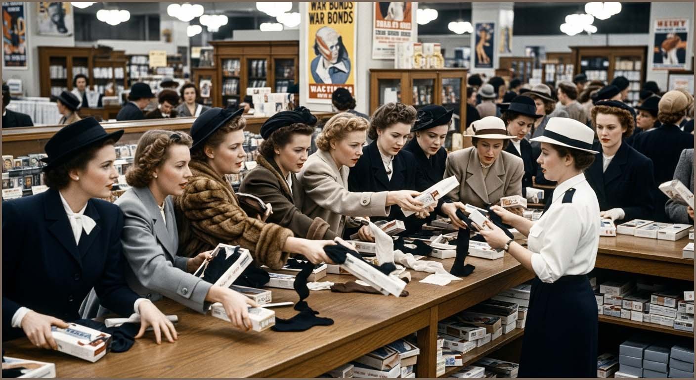 Crowds of women buying nylon stockings.